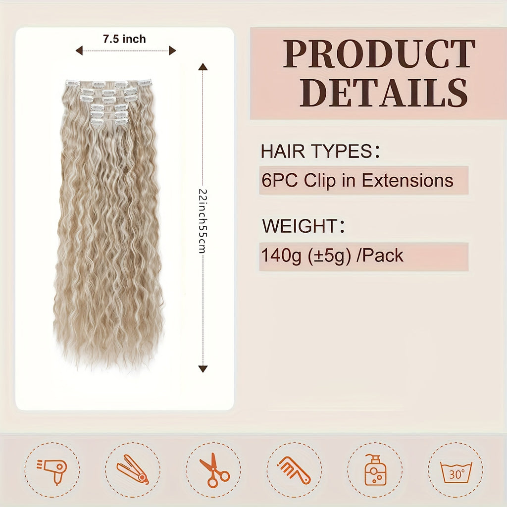 6pcs Luxurious 24-Inch Blonde Clip-In Wavy Hair Extensions for Women - Natural Soft Synthetic Fiber, Heat-Friendly, Full Head Coverage with Elegant White Diamond Accents, Ponytail Hair Extensions