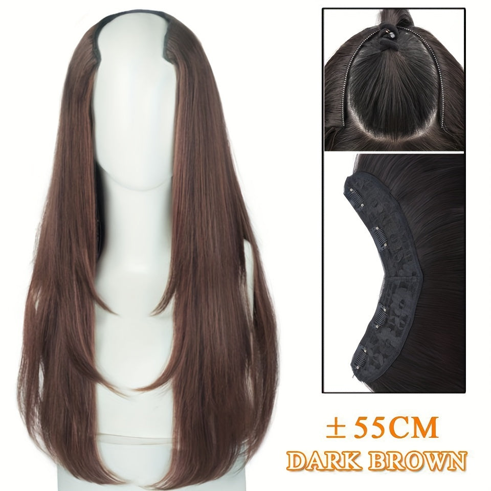 Long Fluffy V-Shaped Synthetic Hair Extension for Women - Layered Wig with Clips Increases Volume & Adds Fullness