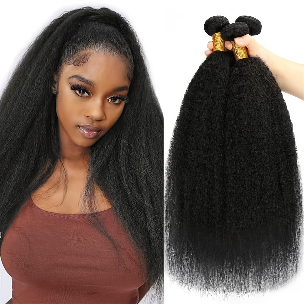 3 Bundles Yaki Straight Human Hair Extensions - 100% Unprocessed Brazilian Virgin Remy Hair, Kinky Straight Texture, Natural Black Color for, Styling Versatility, Naturallooking Hairline, Silky Smooth Texture