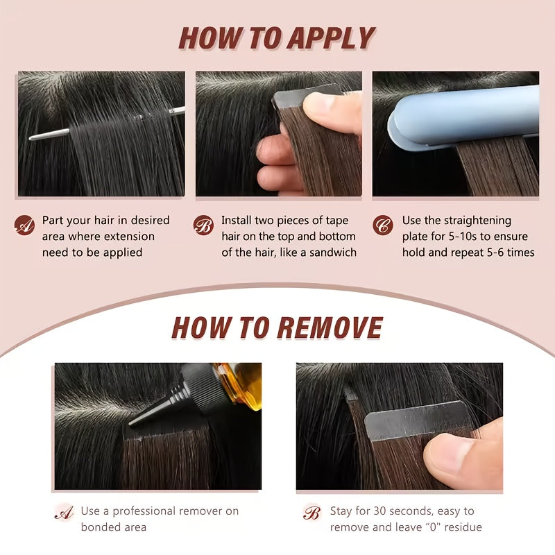 20pcs Normal Color Tape In Hair Extensions Human Hair Straight Tape In Hair Extensions 30.48cm-55.88cm Long Hair 30G/Pack Add Volume