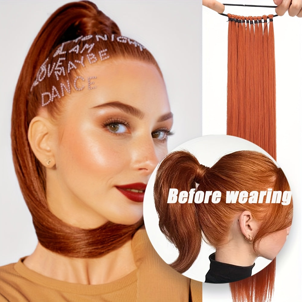 Women'S Long Straight Orange Ponytail Extension, High-Temperature Fiber Synthetic Hair, Basic Style, Daily Wear, Hairpiece for Volume Increase
