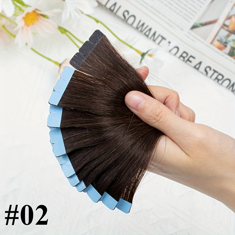 10pcs #02 Natural Mini Tape-In Human Hair Extensions - Double-Sided Invisible Seamless Straight Hair for Women, Adds Volume & Length, Fit All Hair Types & Ethnicities, Tape In Hair Extensions, Easy Application, Versatile Styling