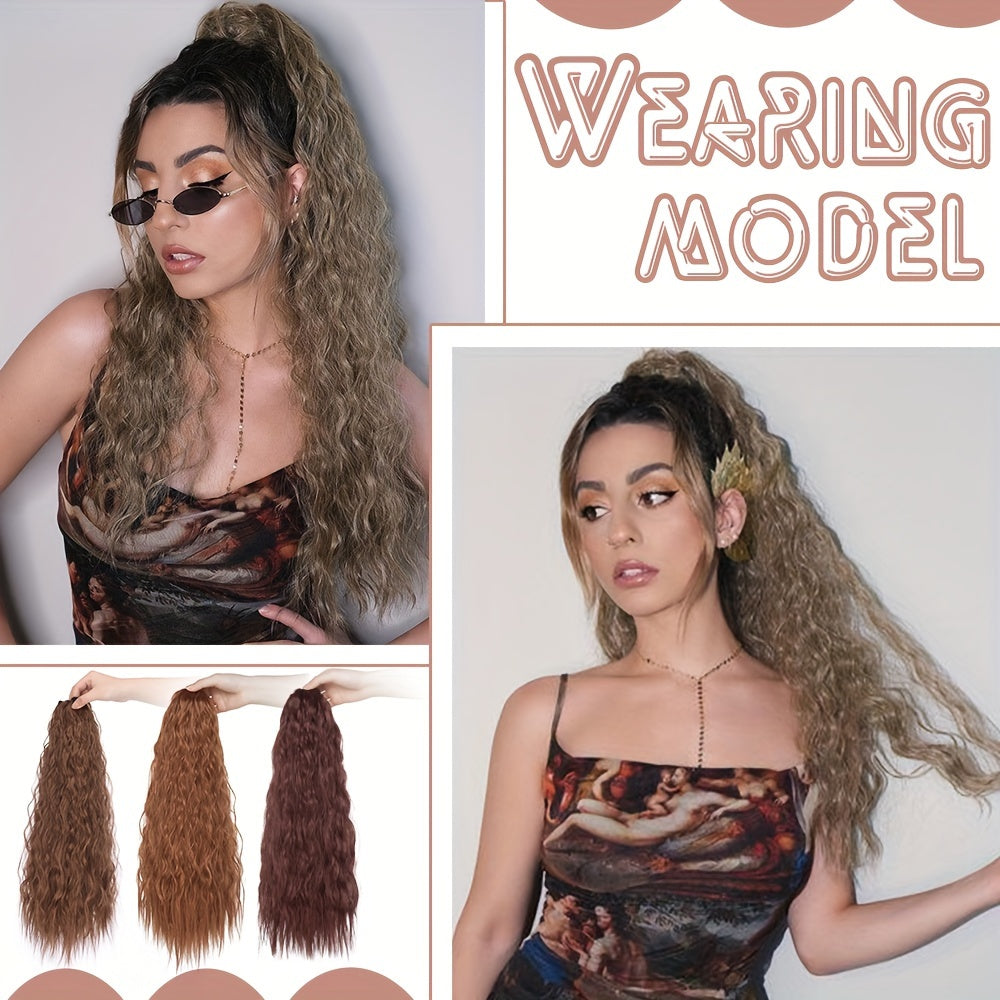 18inch/45cm Long Kinky Corn Wave Ponytail Hair Extension Synthetic Drawstring Afro Curly Wavy Pony Tail Wrap Around Pony Tails Clip In Hairpieces Layered Hairpiece Black Brown Blonde Highlight For Women Daily Party Halloween Christmas Use