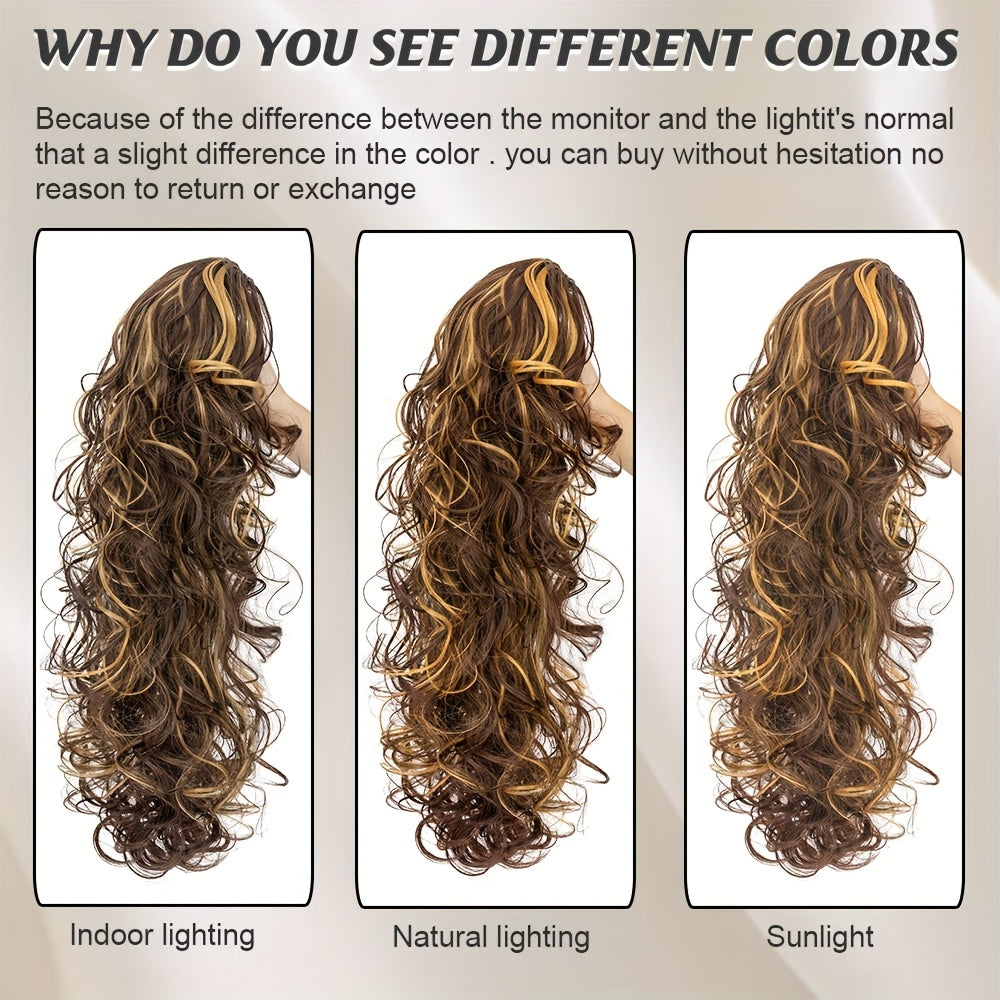 Claw On Ponytail Extensions with Drawstring Long Thick Wavy Clip In Hair Extension 24inch/60cm Ponytail Curly Hairpieces Jaw Ponytail Extensions Black Brown Blonde Mix Color Drawstring Ponytail Synthetic Soft Hairpiece Heat Resistant Hair Pieces Gift