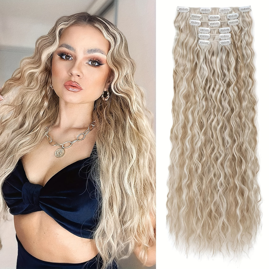 6pcs Luxurious 24-Inch Blonde Clip-In Wavy Hair Extensions for Women - Natural Soft Synthetic Fiber, Heat-Friendly, Full Head Coverage with Elegant White Diamond Accents, Ponytail Hair Extensions