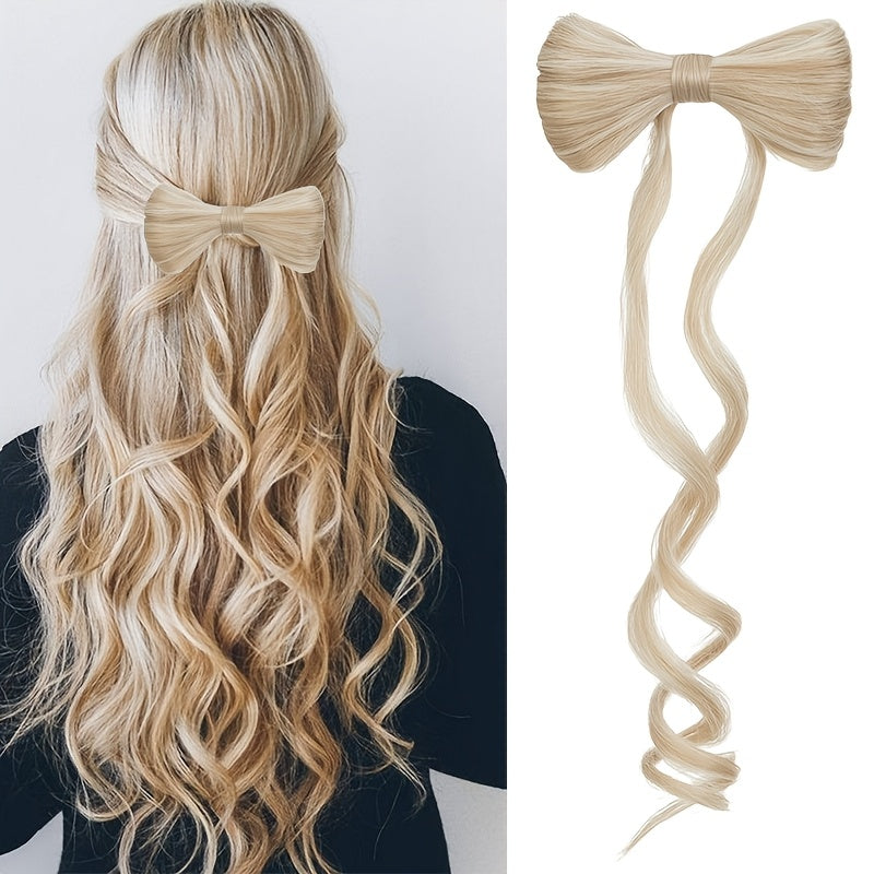 Elegant Bowknot Hairpiece with 35.56cm Natural Curly Synthetic Ponytail - Dark Brown & Blonde Highlights, Decorative Clip Barrette for Women and Girls - Versatile and Stylish Hair Accessory, Hair Accessories