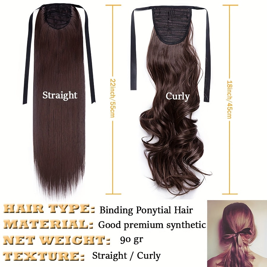 Long Soft Tie Up Ponytail Straight Hair Piece Clip In Hair Extensions 22inch/55cm Wrap Around Binding Pony Tail Hairpiece Drawstring Pony Tails for Women Party Festival Christmas Halloween Daily Use