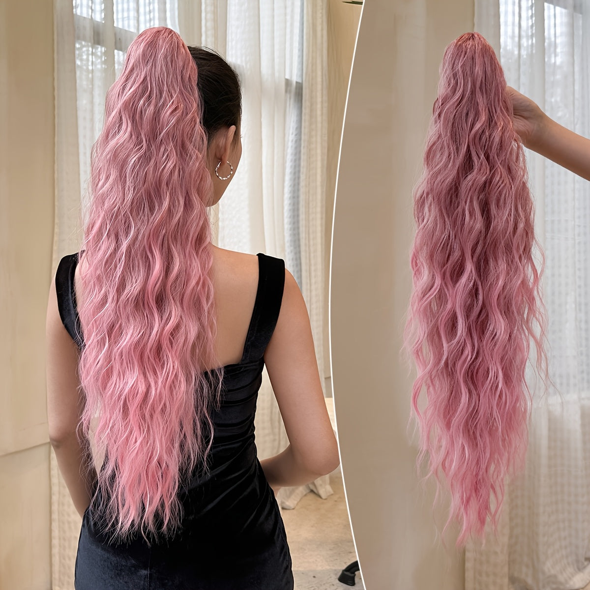 Claw shaped ponytail extension pink 71.12 cm water wave heat-resistant fiber synthetic ponytail wig, suitable for short hair accessories for Women's daily use