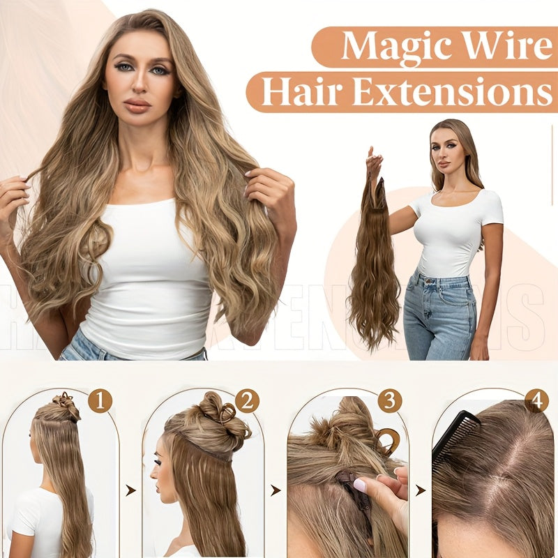 4 Clips Adjustable Size Invisible Wire Hair Extensions With Transparent Wire Synthetic Hair Piece Long Wavy Secret Headband Hairpieces For Women Daily Wear And Halloween Party