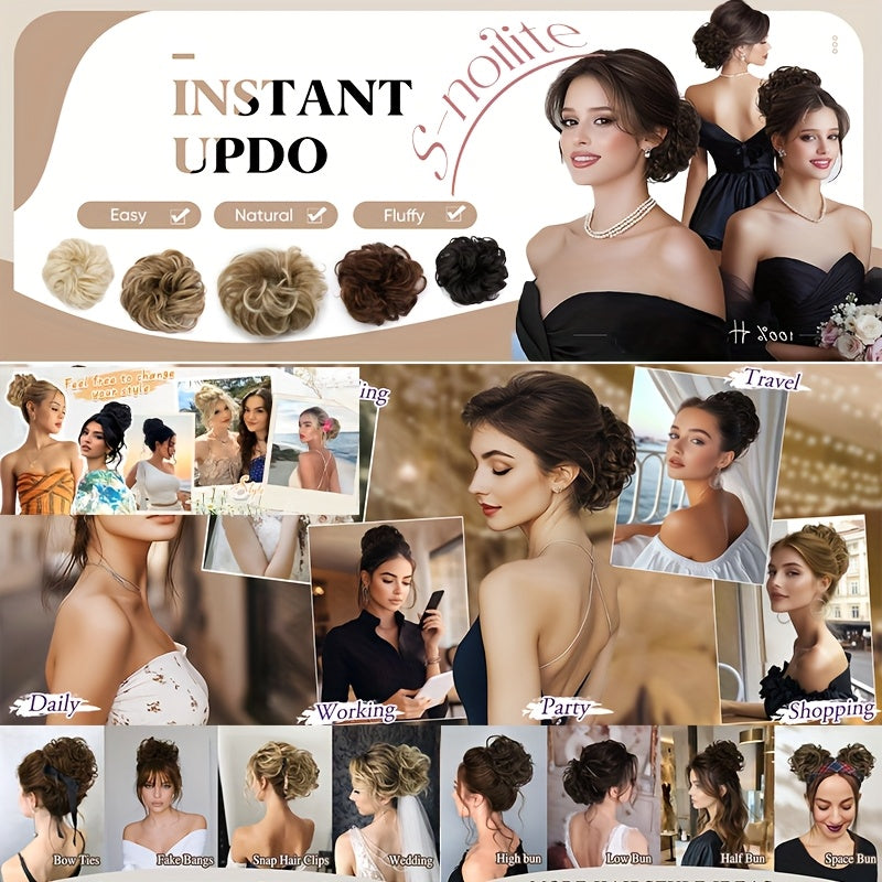 Heat-Resistant Synthetic Fiber Messy Bun Short Curly Ponytail Extension with Elastic Band - Secure Clip-In Hairpiece for Women with Thinning Hair, Natural Volume & Warm Brown/Blonde/Black/Red/Beige/Champagne Blonde Options, Hair Accessories