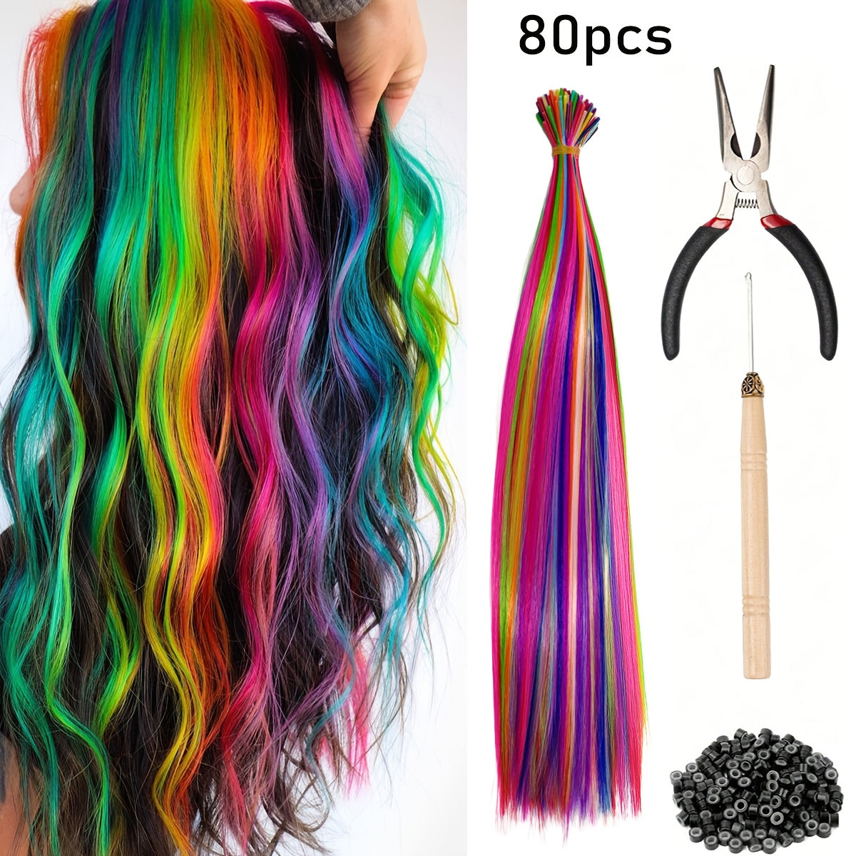 20-100pcs Mixed Color Rainbow Hair Extensions 16 Inch Rainbow Color Synthetic Hair Extensions Long Colored with Beads And Loop Tool for Hair Extension for Women Girls DIY Kit Holiday Party Use