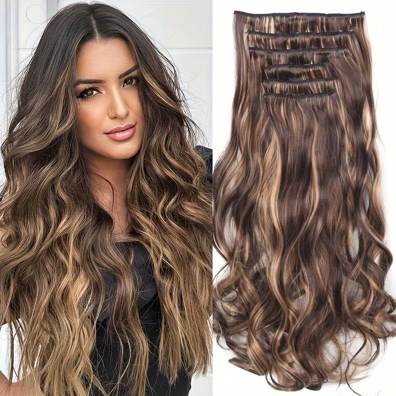 6pcs Multi-Color Clip-In Body Wave Hair Extensions, 18" Double Weft Synthetic Heat Resistant Curly Waves for Women and Girls