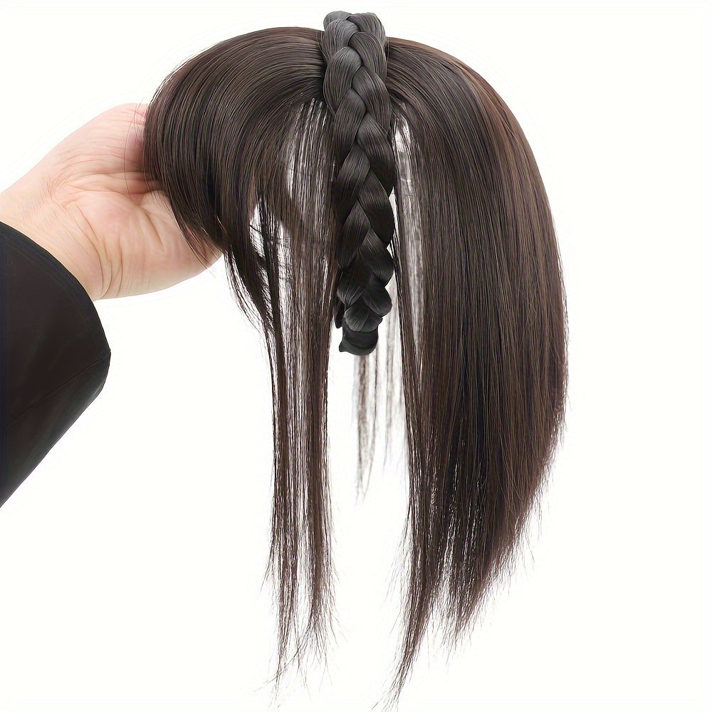 Chic Braided Headband with Clip-In Hair Topper & Bangs - Natural Look Synthetic Straight Hair Extensions for Women, Perfect for Casual Attire, Hair Accessories