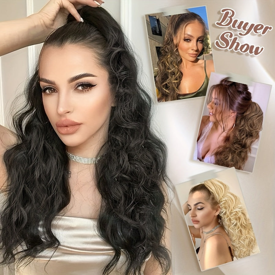 Claw On Ponytail Extensions with Drawstring Long Thick Wavy Clip In Hair Extension 24inch/60cm Ponytail Curly Hairpieces Jaw Ponytail Extensions Black Brown Blonde Mix Color Drawstring Ponytail Synthetic Soft Hairpiece Heat Resistant Hair Pieces Gift
