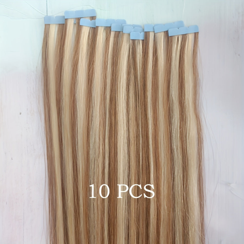 10pcs Light Brown Straight Remy Human Hair Extensions - Mini Tape-In, Easy to Apply & Style, Elegant Women'S Hairpieces for Thick Extensions, Stylish and Natural-Looking