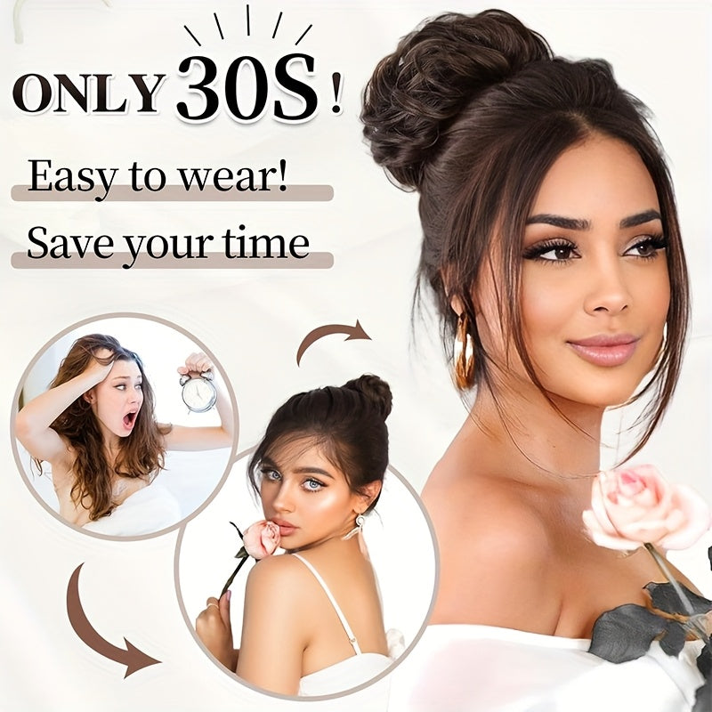 Heat-Resistant Synthetic Fiber Messy Bun Short Curly Ponytail Extension with Elastic Band - Secure Clip-In Hairpiece for Women with Thinning Hair, Natural Volume & Warm Brown/Blonde/Black/Red/Beige/Champagne Blonde Options, Hair Accessories