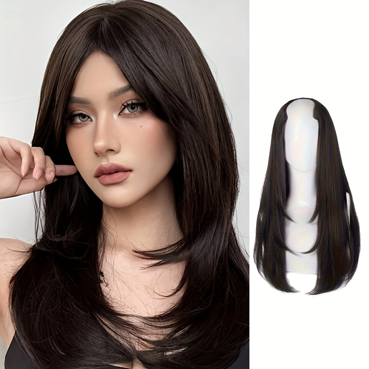 Long Fluffy V-Shaped Synthetic Hair Extension for Women - Layered Wig with Clips Increases Volume & Adds Fullness