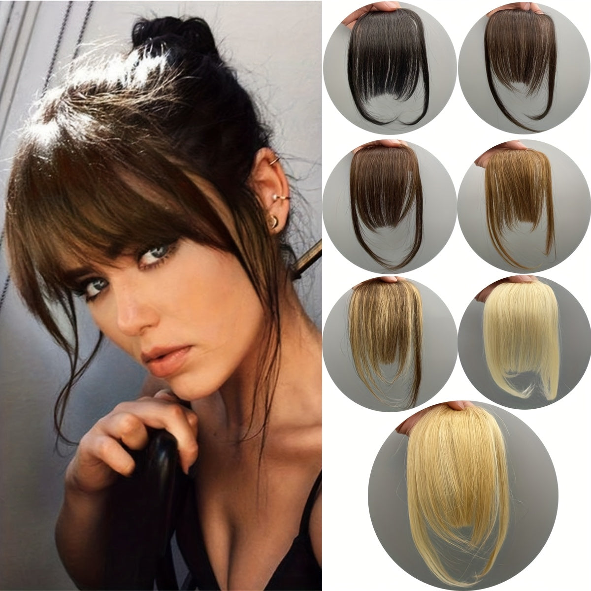 [1pc Real Human Hair Wispy Bangs] 1pc Elegant Clip-In Wispy Bangs Hairpiece for Women, Real Human Hair Straight Clip-On Air Fringe, Looking Hair Extension with Temples, for Daily Wear - Dark Brown, Mixed Blonde