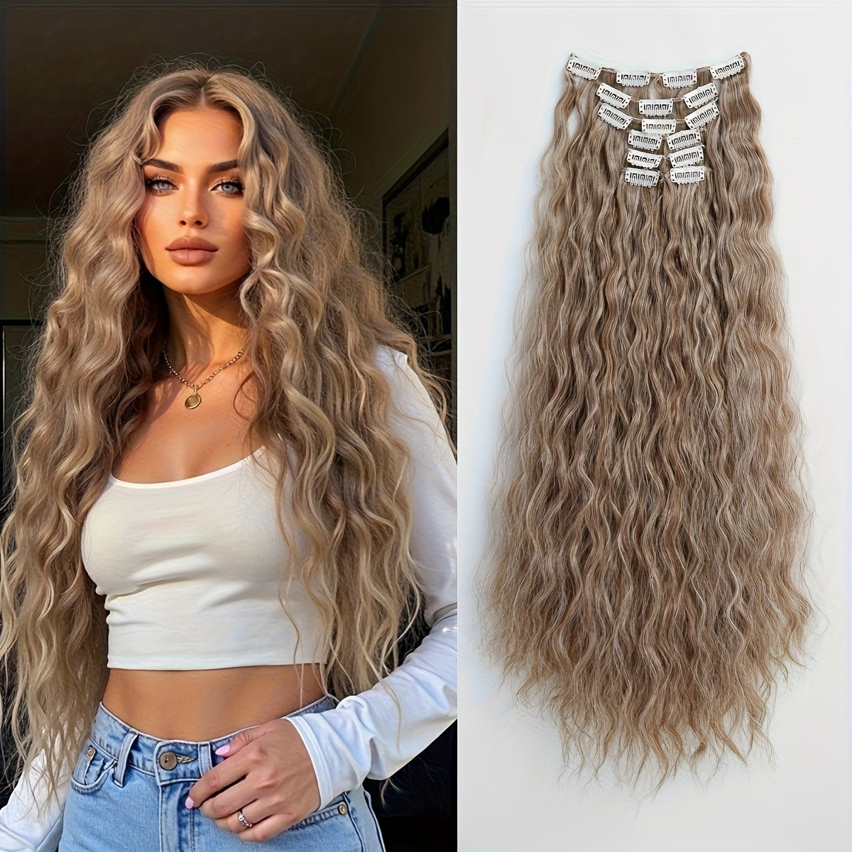 6pcs/set Wavy Long Hair Clip-in Extensions, Synthetic, Basic Style, Women's, Elegant Hair Accessories for Daily Use