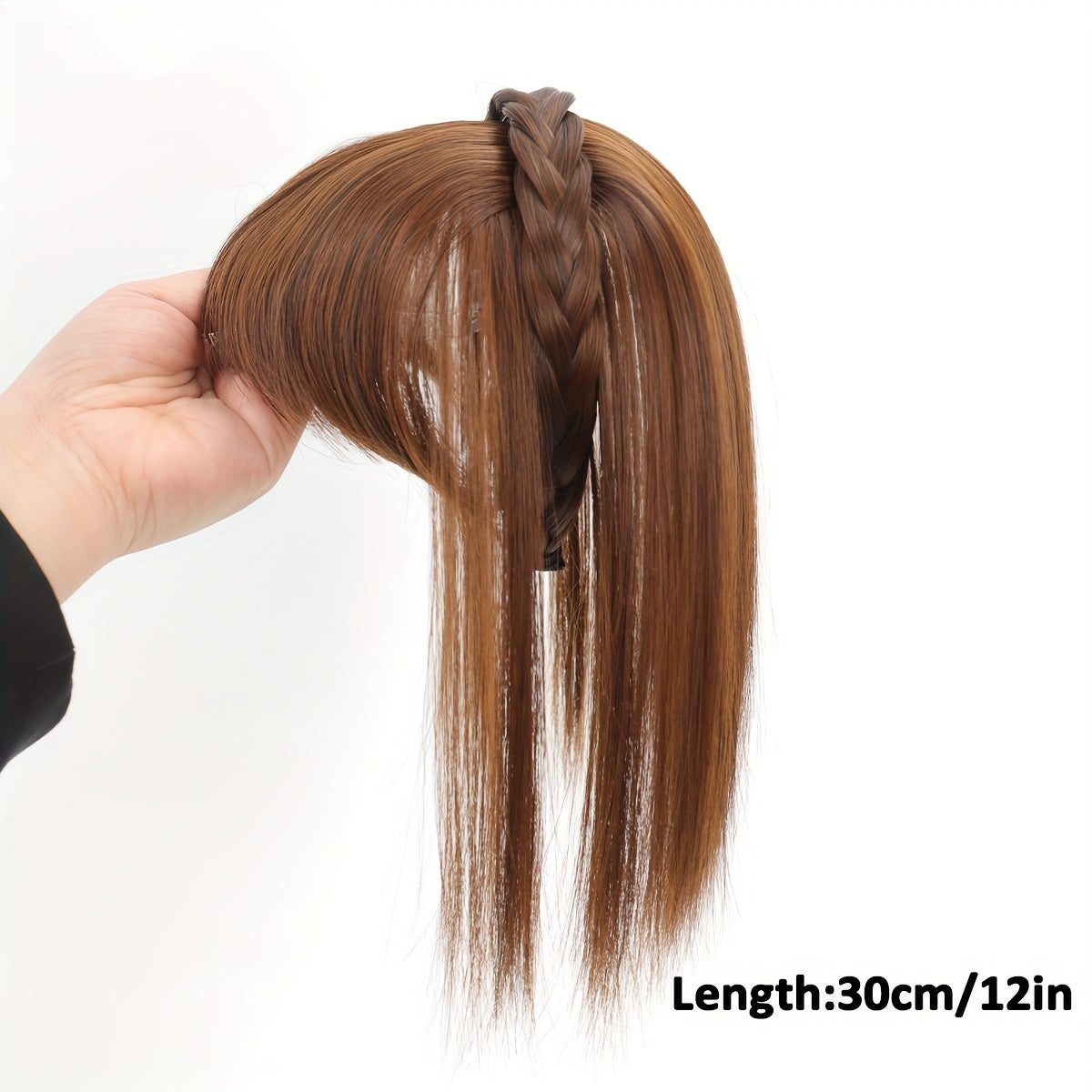Chic Braided Headband with Clip-In Hair Topper & Bangs - Natural Look Synthetic Straight Hair Extensions for Women, Perfect for Casual Attire, Hair Accessories