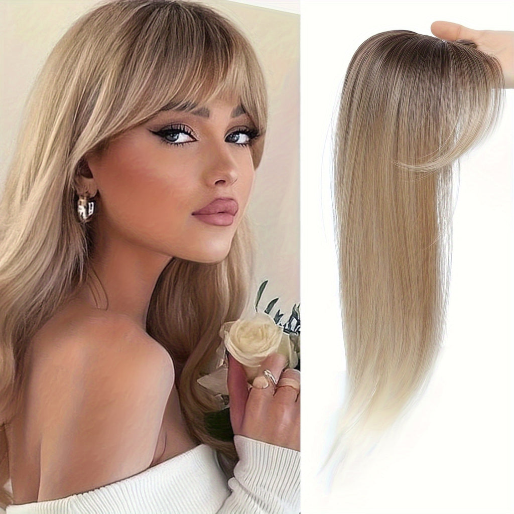 Elegant Clip-In Bangs for Women, 360° Coverage Blonde Hair Extensions with Dark Roots, French Style Straight Hair Bangs for Daily Wear, Hairpieces