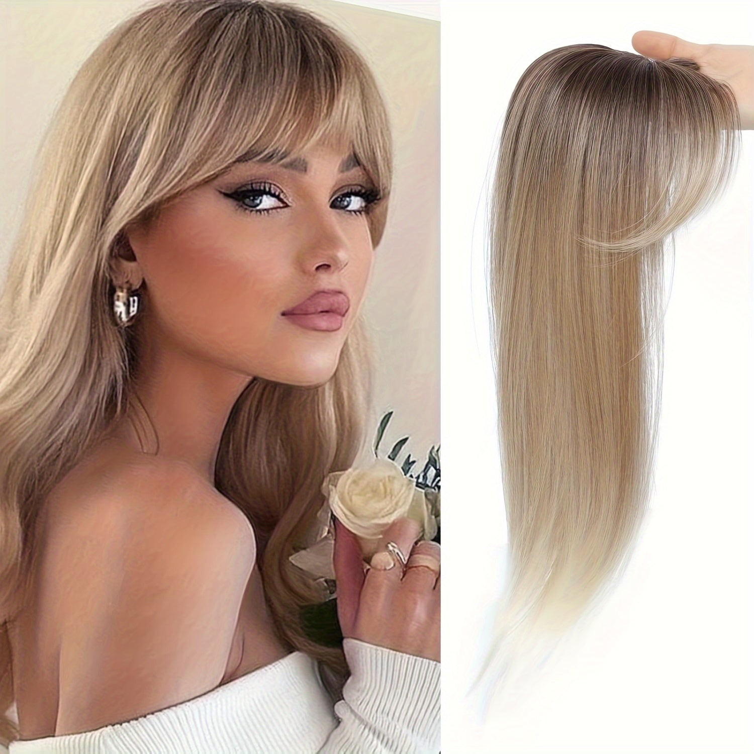 Elegant Clip-In Bangs for Women, 360° Coverage Blonde Hair Extensions with Dark Roots, French Style Straight Hair Bangs for Daily Wear, Hairpieces