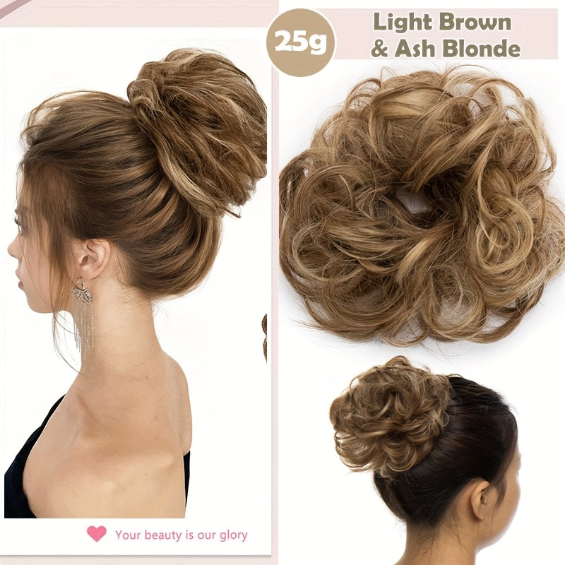 Heat-Resistant Synthetic Fiber Messy Bun Short Curly Ponytail Extension with Elastic Band - Secure Clip-In Hairpiece for Women with Thinning Hair, Natural Volume & Warm Brown/Blonde/Black/Red/Beige/Champagne Blonde Options, Hair Accessories