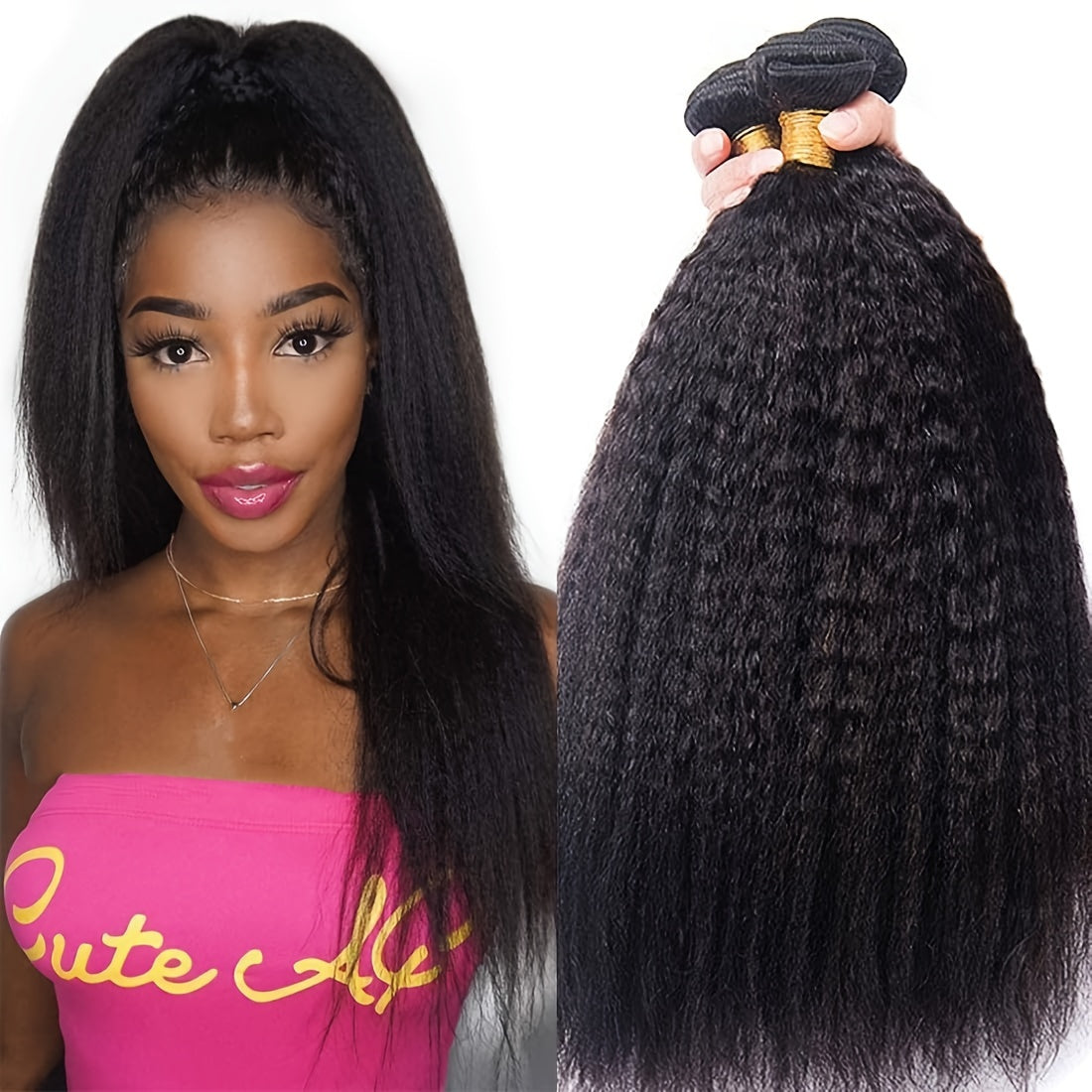 Kinky Straight Bundles Human Hair Bundles 100% Unprocessed Brazilian Yaki Straight 3 Bundles for Women Natural Black Color