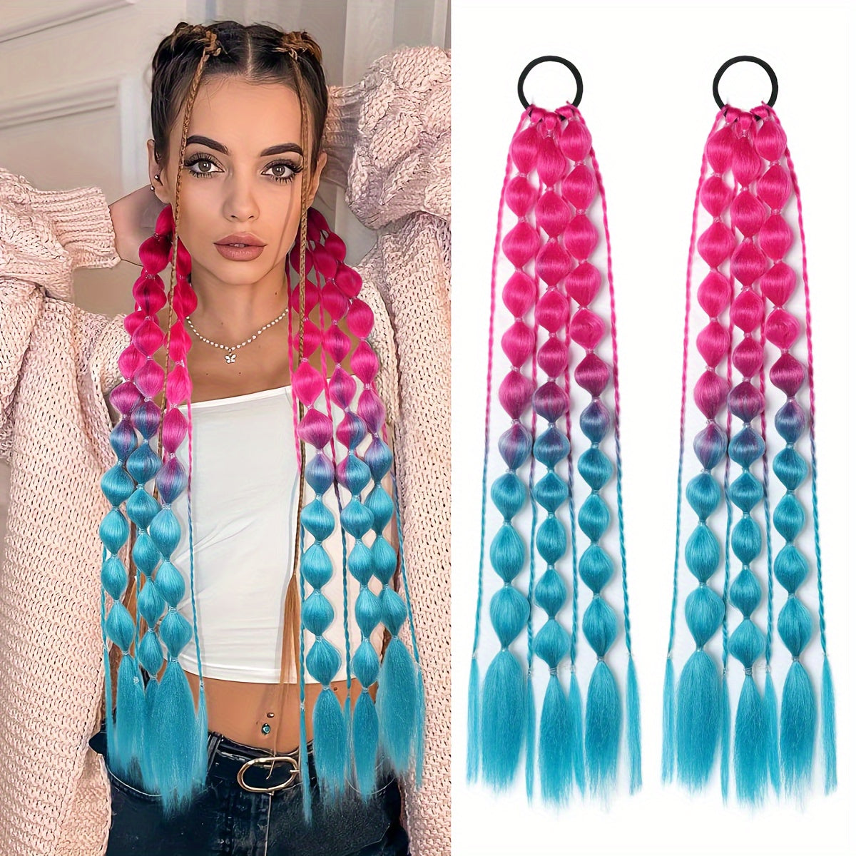 Behufun Women's Yaki Straight Bubble Ponytail Extensions - 2 Pack, 50.8cm Lightweight Hair Extensions with Tie, Ombre Synthetic Ponytails for All Ages, Rave and Festival Hair Accessories