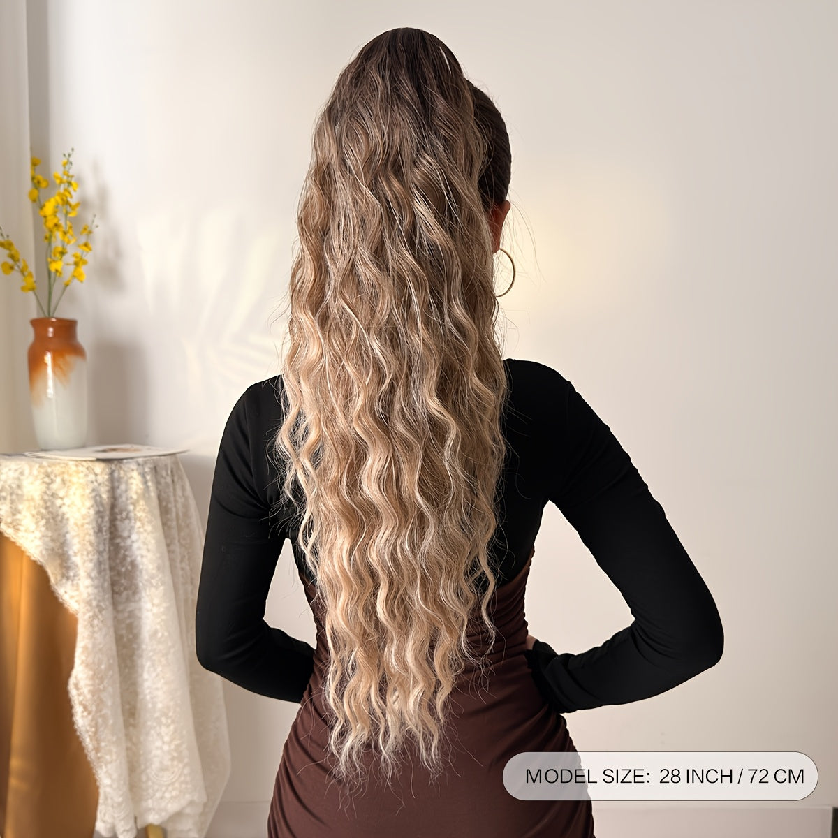 Drawstring Ponytail Extension Hair 28 Inch Ombre Long Water Wave Heat Resistant Fiber Synthetic Ponytail Hairpiece for Women Daily Used