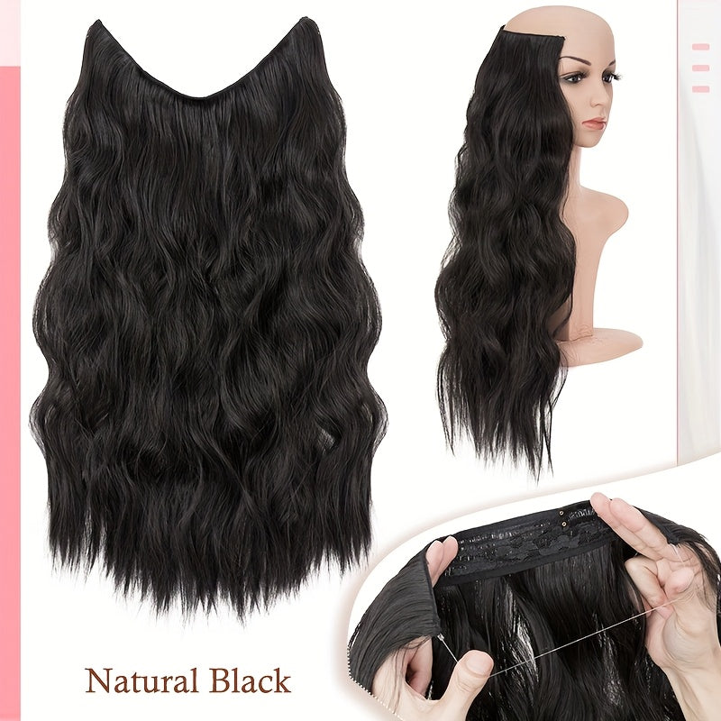 4 Clips Adjustable Size Invisible Wire Hair Extensions With Transparent Wire Synthetic Hair Piece Long Wavy Secret Headband Hairpieces For Women Daily Wear And Halloween Party