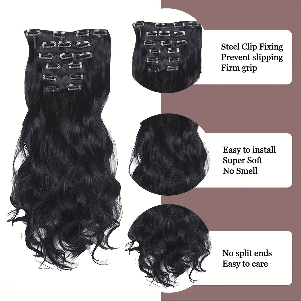 6pcs Multi-Color Clip-In Body Wave Hair Extensions, 18" Double Weft Synthetic Heat Resistant Curly Waves for Women and Girls