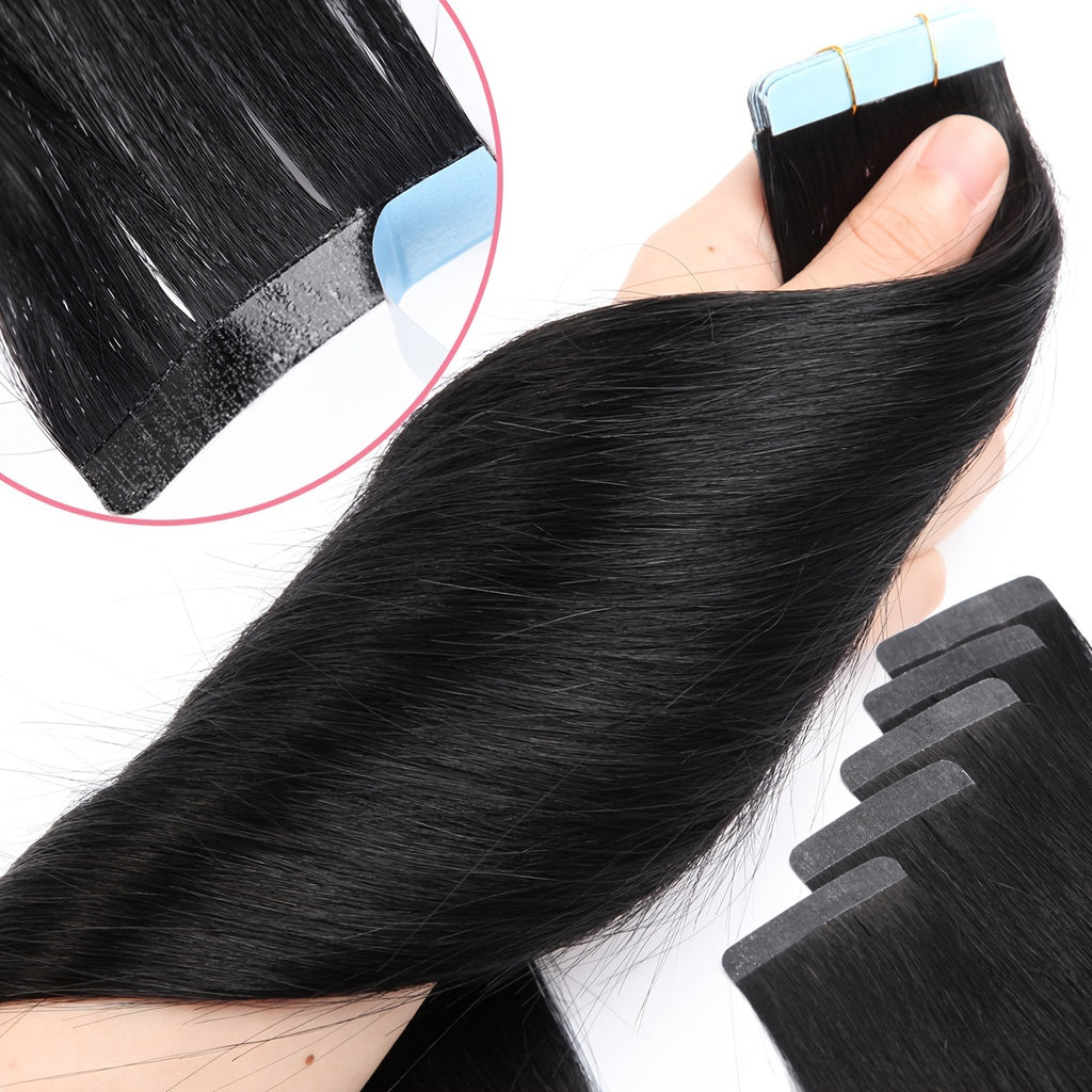 BENEHAIR Tape In Hair Extensions Human Hair 100% Remy Human Hair Extensions Silky Straight For Fashion Women 10 Pcs/Package Dark Brown Black 20G-25G