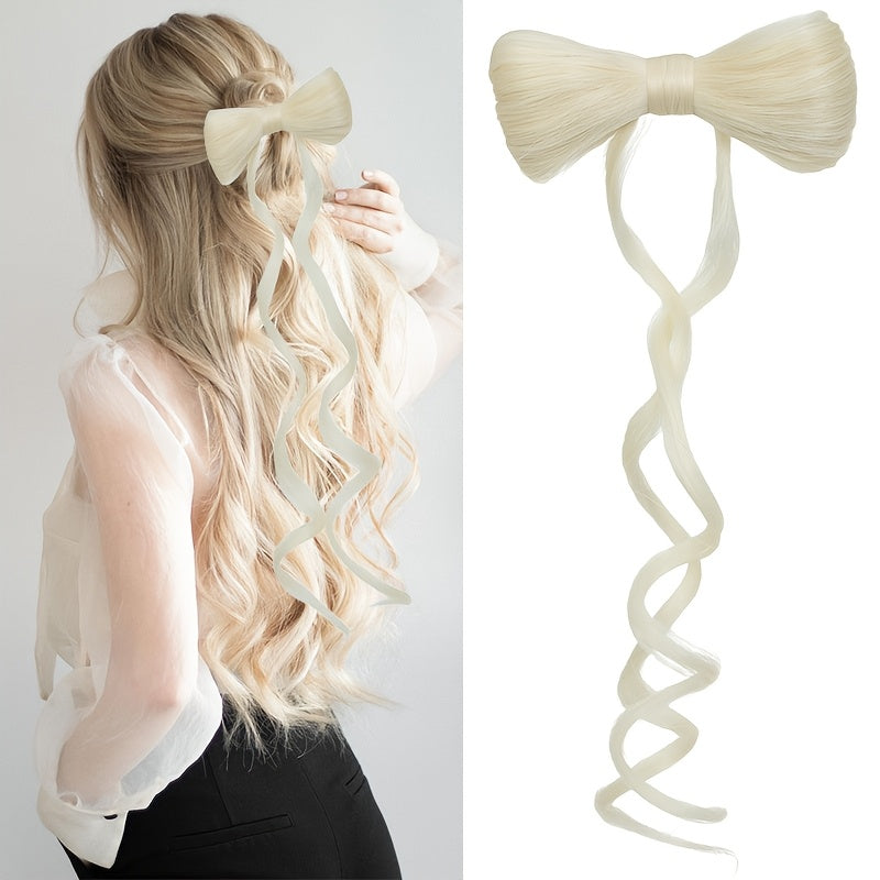 Elegant Bowknot Hairpiece with 35.56cm Natural Curly Synthetic Ponytail - Dark Brown & Blonde Highlights, Decorative Clip Barrette for Women and Girls - Versatile and Stylish Hair Accessory, Hair Accessories