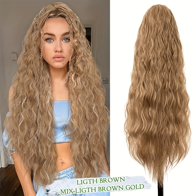 Extra Long Ponytail Extension 81.28 cm Deep Wavy Curly Drawstring Pony Tail Extensions Softer Fluffy Synthetic Clip In Hair Extensions Brown Blonde Highlight Hairpiece For Women Daily Halloween Use Part