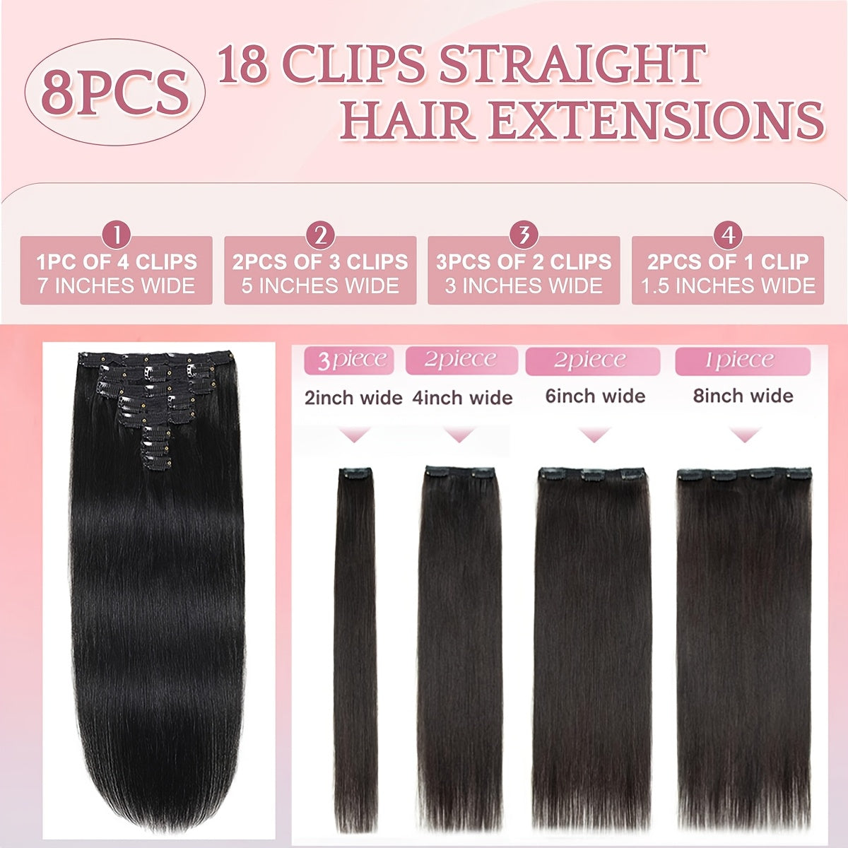 Benehair HAIR Hair Extensions Clip In 8pcs 18 Clips Synthetic Fiber Seamless 58.42cm Long Straight Full Head