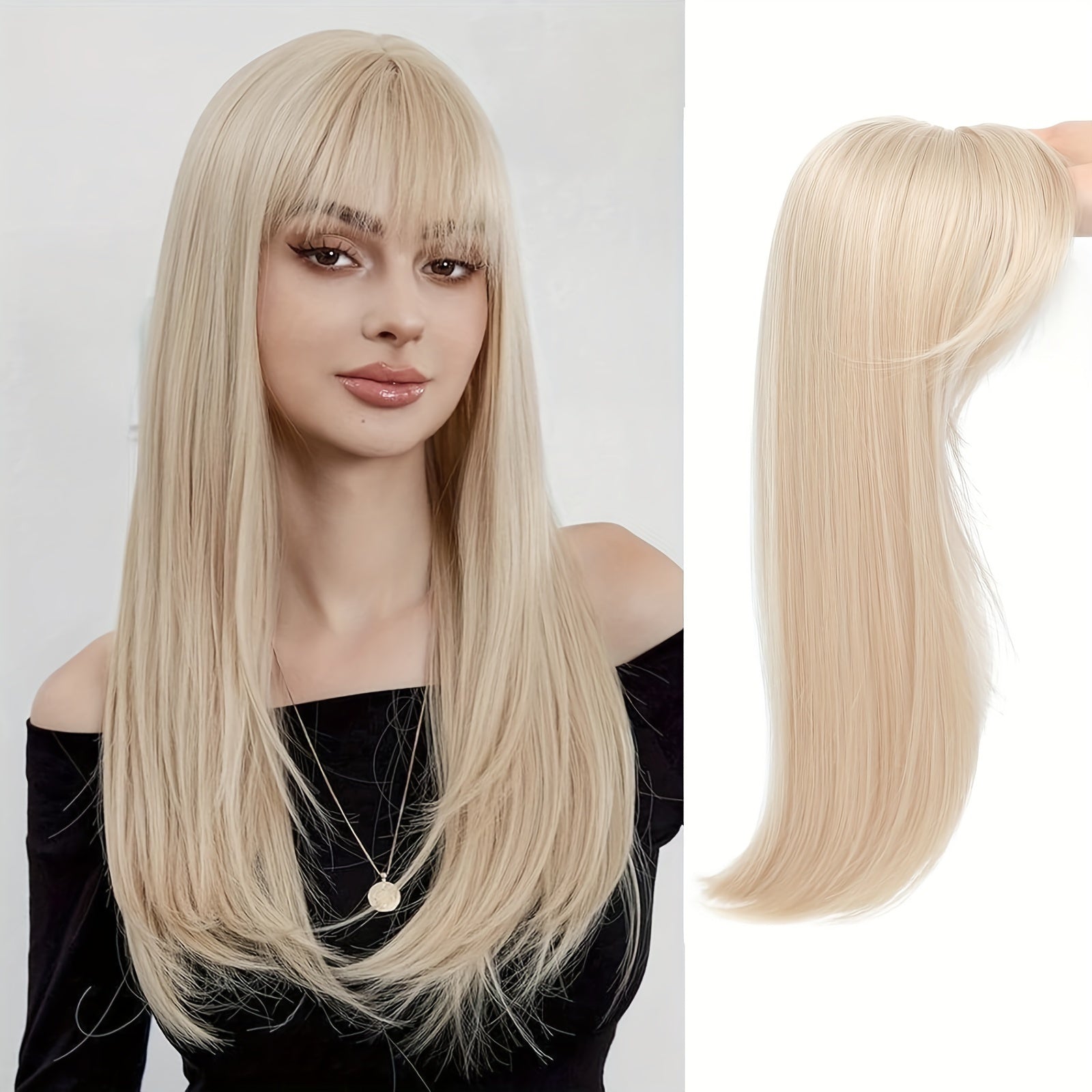 Elegant Clip-In Bangs for Women, 360° Coverage Blonde Hair Extensions with Dark Roots, French Style Straight Hair Bangs for Daily Wear, Hairpieces