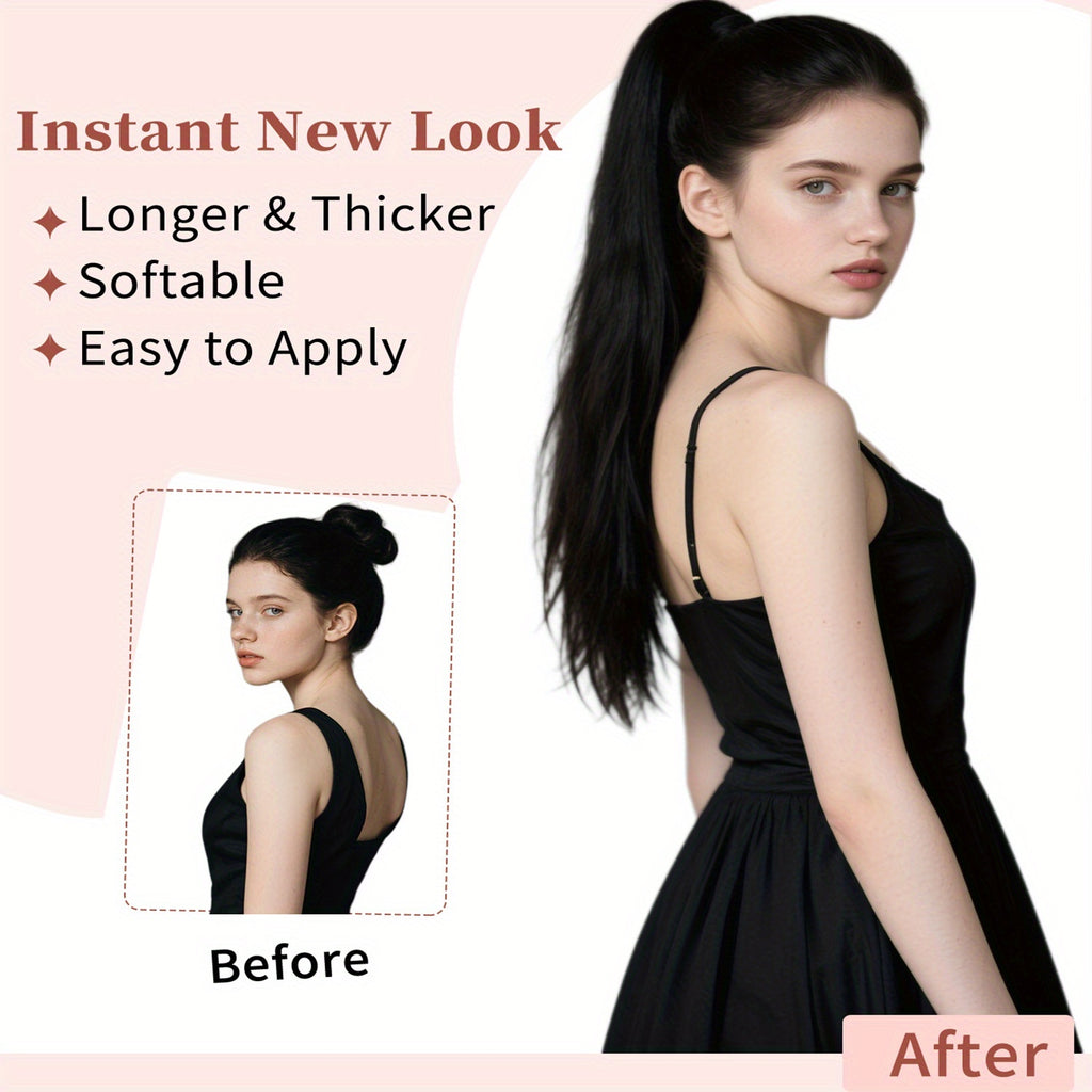 LEHAN 86.36cm Straight Synthetic Ponytail Extension for Women - Easy-to-Use, Durable High-Temperature Fiber Hairpiece for Everyday Style, Black, Ponytail Hair Extensions, Versatile Hairpiece, Natural Look Hairpiece, Synthetic Hair Fiber