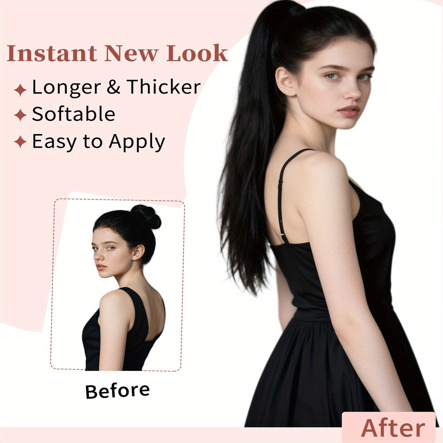 LEHAN 86.36cm Straight Synthetic Ponytail Extension for Women - Easy-to-Use, Durable High-Temperature Fiber Hairpiece for Everyday Style, Black, Ponytail Hair Extensions, Versatile Hairpiece, Natural Look Hairpiece, Synthetic Hair Fiber