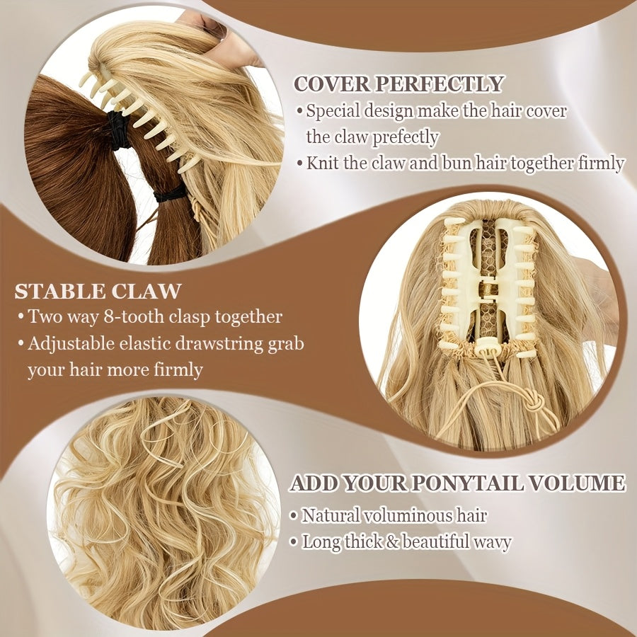Claw On Ponytail Extensions with Drawstring Long Thick Wavy Clip In Hair Extension 24inch/60cm Ponytail Curly Hairpieces Jaw Ponytail Extensions Black Brown Blonde Mix Color Drawstring Ponytail Synthetic Soft Hairpiece Heat Resistant Hair Pieces Gift