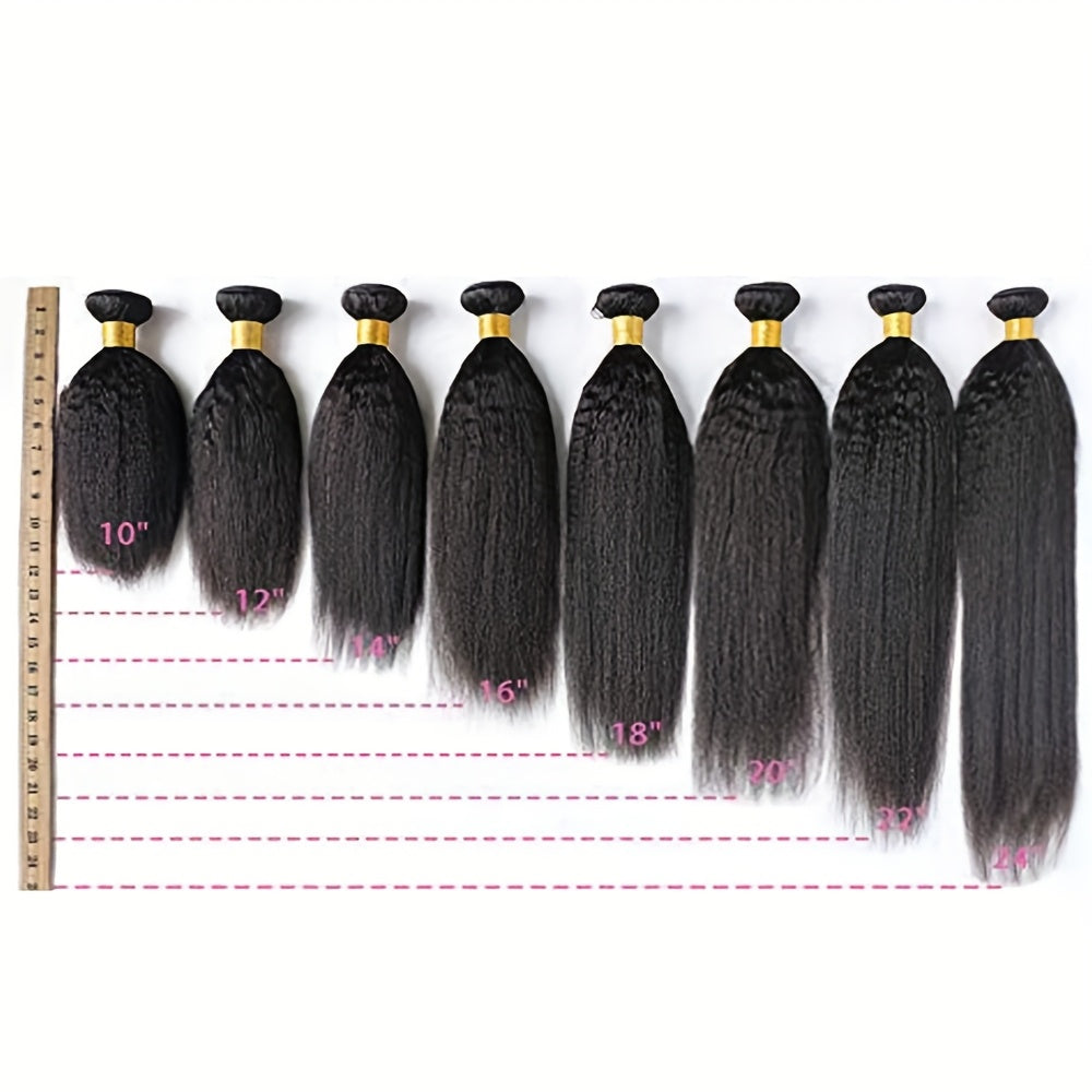 3 Bundles Yaki Straight Human Hair Extensions - 100% Unprocessed Brazilian Virgin Remy Hair, Kinky Straight Texture, Natural Black Color for, Styling Versatility, Naturallooking Hairline, Silky Smooth Texture