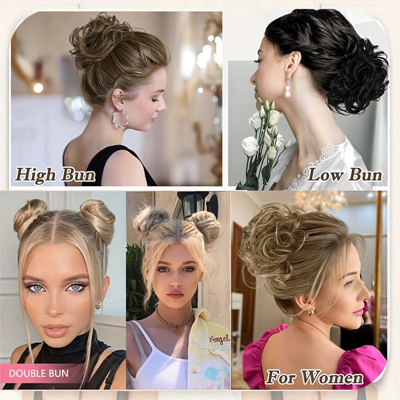 Heat-Resistant Synthetic Fiber Messy Bun Short Curly Ponytail Extension with Elastic Band - Secure Clip-In Hairpiece for Women with Thinning Hair, Natural Volume & Warm Brown/Blonde/Black/Red/Beige/Champagne Blonde Options, Hair Accessories