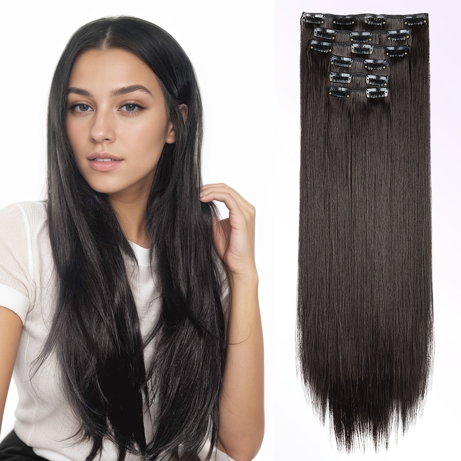 6pcs Brown Clip-In Hair Extensions 60.96cm Long - Thickened Straight Hair with Secure Clip, Natural Look for Women, Easy to Style, Adds Volume & Dimension, Versatile for All Hair Types, Stylish Hair Solution, Sleek Hairpiece