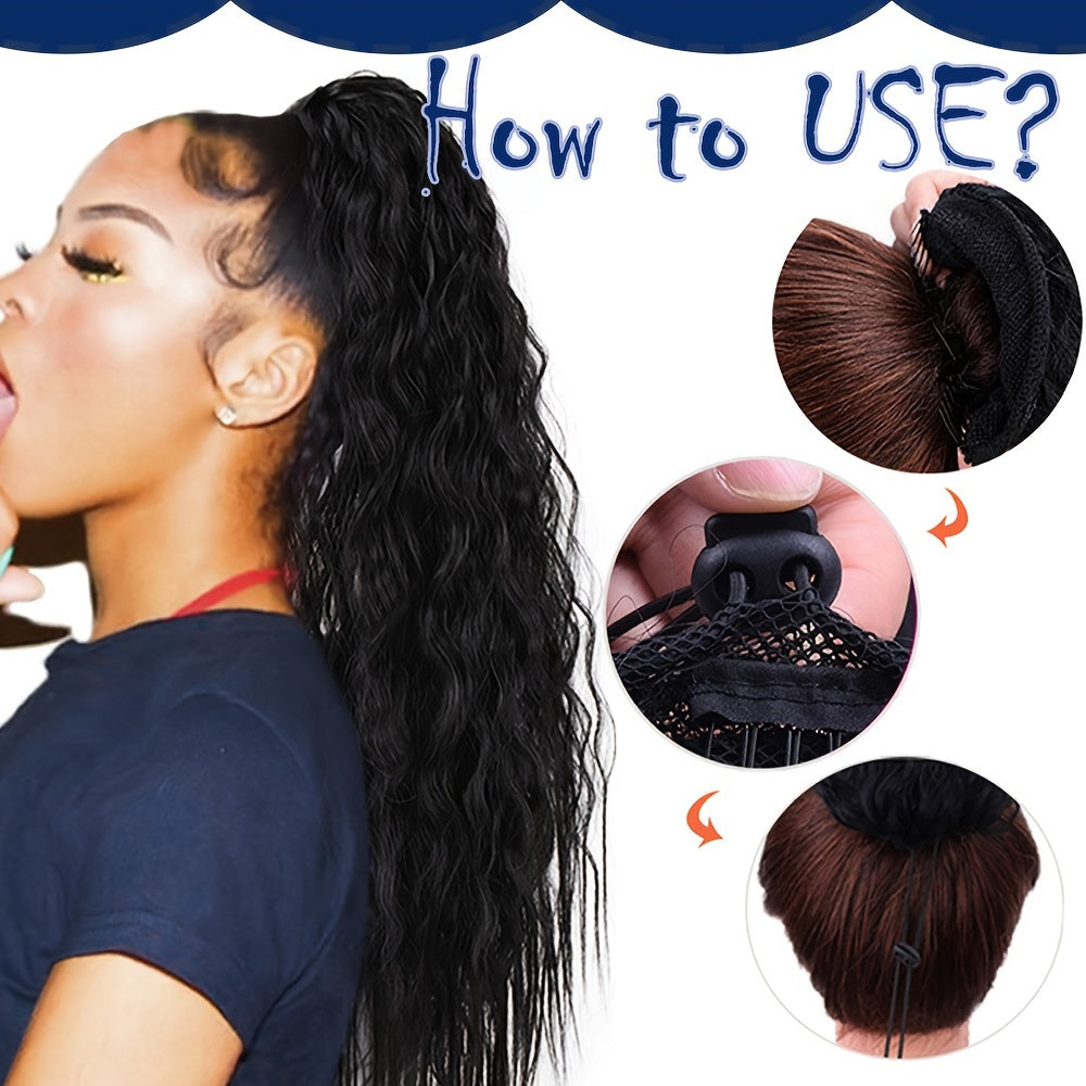 18inch/45cm Long Kinky Corn Wave Ponytail Hair Extension Synthetic Drawstring Afro Curly Wavy Pony Tail Wrap Around Pony Tails Clip In Hairpieces Layered Hairpiece Black Brown Blonde Highlight For Women Daily Party Halloween Christmas Use