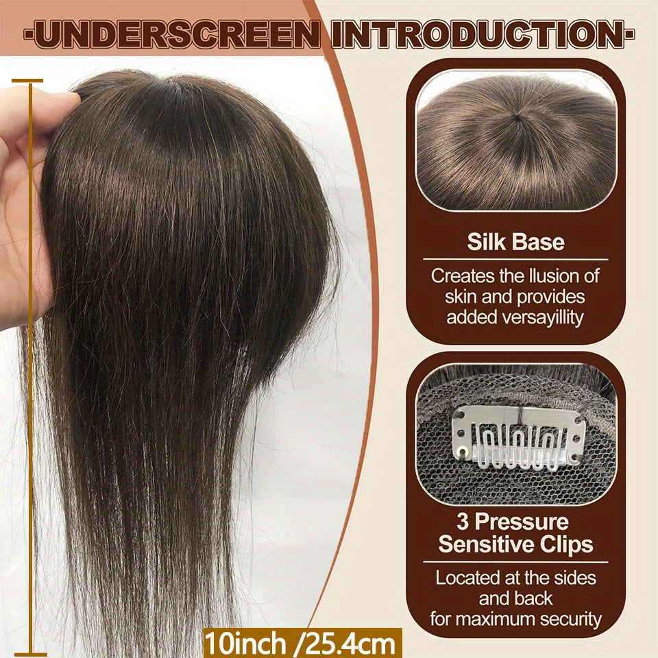 T-Shape #2 Dark Brown Straight Human Hair Topper with Bangs for Women, Real Human Hair Toppers for Thin Hair, 20.32cm 25.4cm Hairpieces