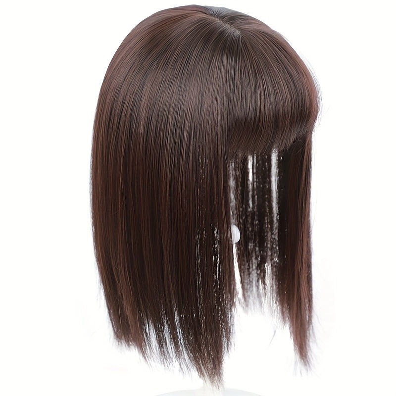 14-Inch Synthetic Hair Topper for Women with Bangs - Clip-In Straight Hairpiece for Thinning Hair, Large Base Wiglet, Black with Highlights, Versatile Style for All Ethnicities, Hair Accessories