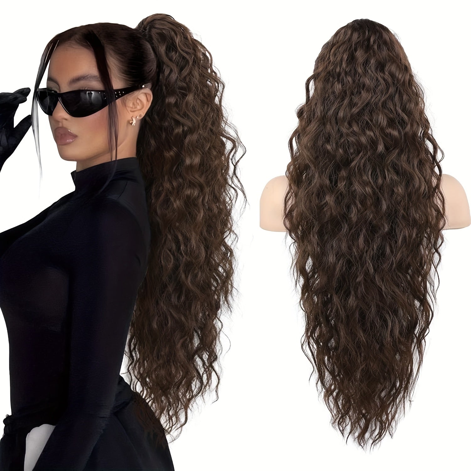 71.12 cm Lightweight Curly Wave Clip-In Hair Extension - Multi-Layered Synthetic Hair for Voluminous Ponytails, Chocolate Brown, Unisex & All Ethnicities, Ponytail Hair Extensions, Versatile Hairpiece, Multilayered Texture, Easy Application Hairpiece
