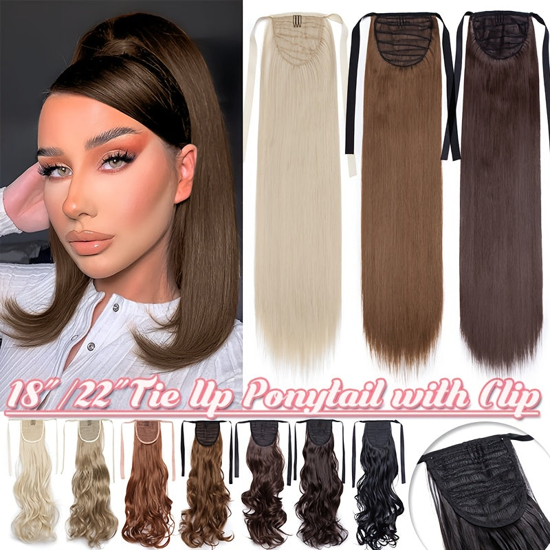 Long Soft Tie Up Ponytail Straight Hair Piece Clip In Hair Extensions 22inch/55cm Wrap Around Binding Pony Tail Hairpiece Drawstring Pony Tails for Women Party Festival Christmas Halloween Daily Use