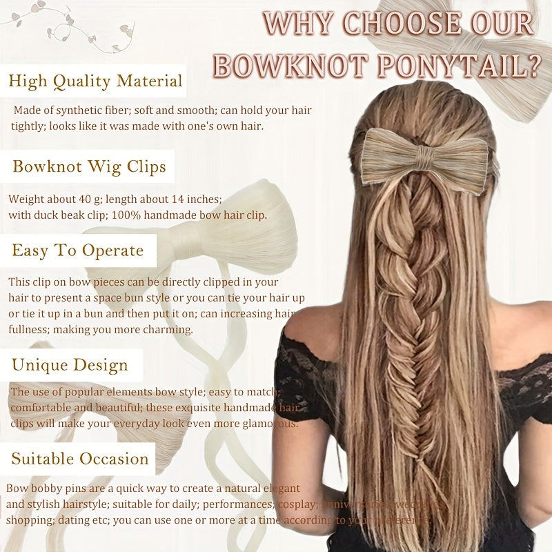 Elegant Bowknot Hairpiece with 35.56cm Natural Curly Synthetic Ponytail - Dark Brown & Blonde Highlights, Decorative Clip Barrette for Women and Girls - Versatile and Stylish Hair Accessory, Hair Accessories
