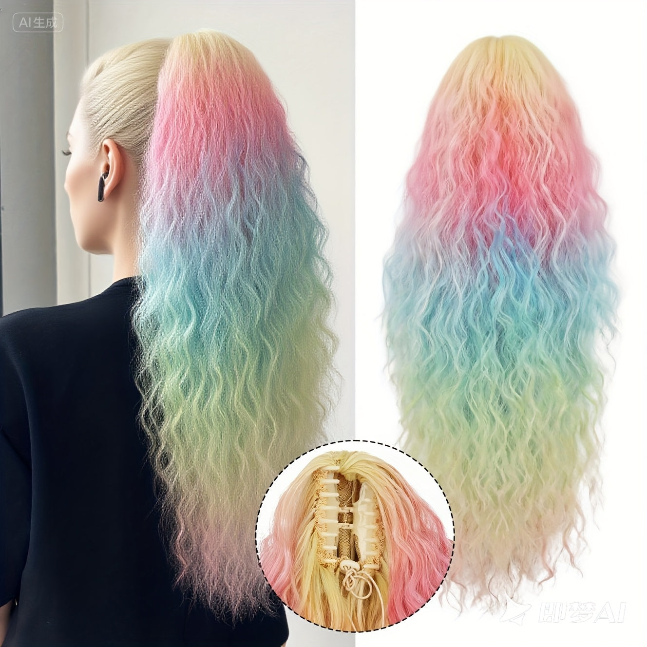JSTINEKE 66.04cm Multicolor Long Curly Ponytail Extension - Synthetic Hair Claw Clip-In with Drawstring, Natural Look for Women, Deep Wave Texture, Party Style, Easy to Style, Party Hair Accessory, Vibrant Hairpiece